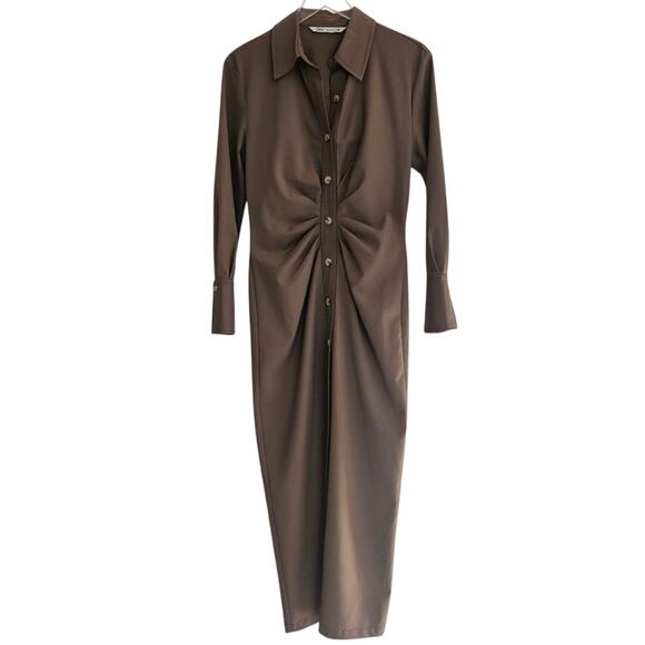 Zara | Blogger Fav Taupe Brown Draped‎ Ruched Front Midi Button-down Dress Sz M - Picture 3 of 12